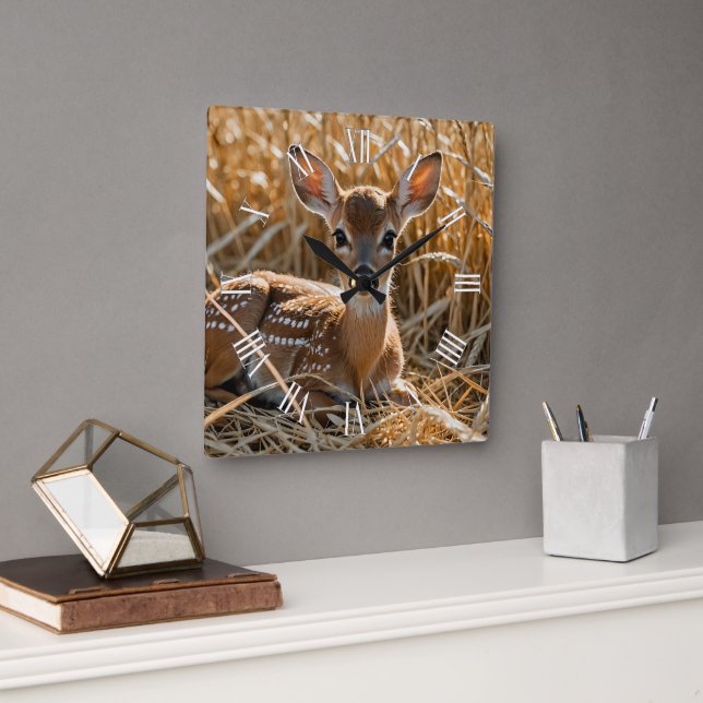 Nature Theme Cute  Baby Deer  Square Wall Clock (Office)