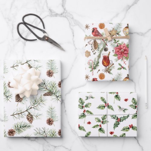 Nature Themed Christmas Greenery Red Bird Pine Wrapping Paper Sheets