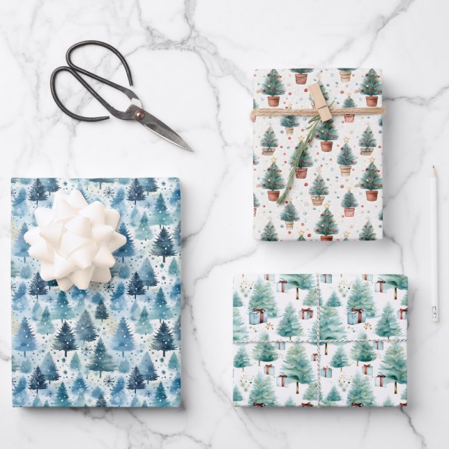 Nature Themed Watercolor Christmas Tree Pattern Wrapping Paper Sheets (Front)