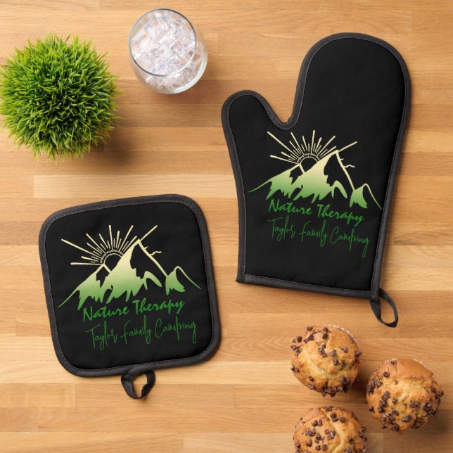 Nature therapy Family camping personalized Oven Mitt & Pot Holder Set (Top Down)