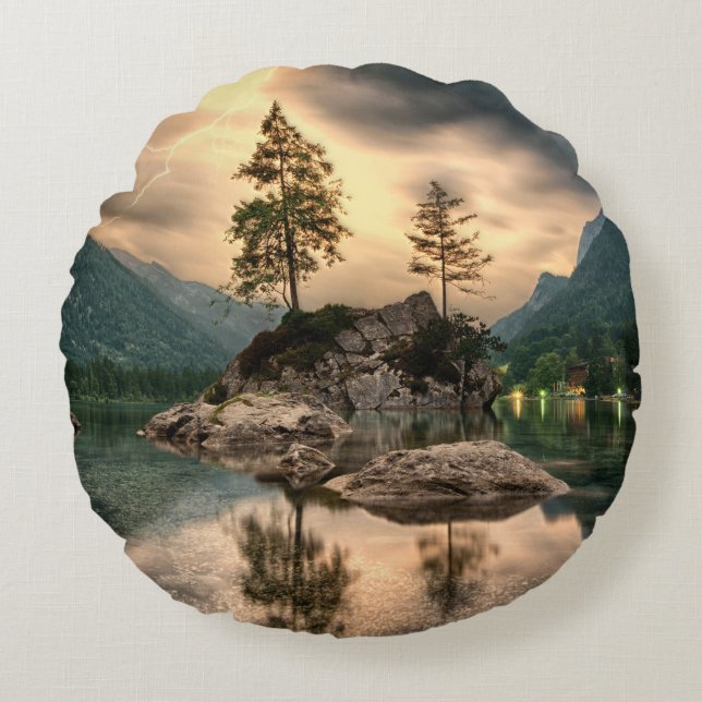 Nature Travels - Water Mountains Landscape Round Pillow (Front)