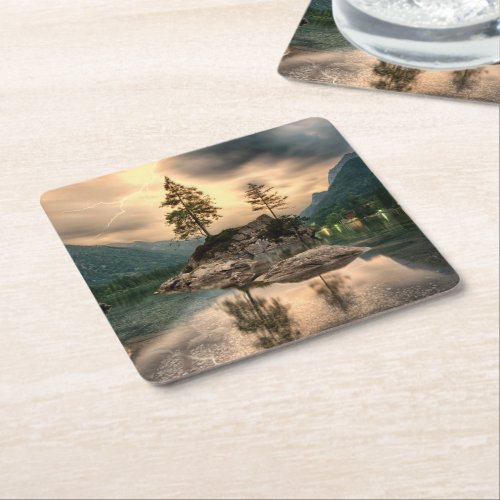 Nature Travels _ Water Mountains Landscape Square Paper Coaster