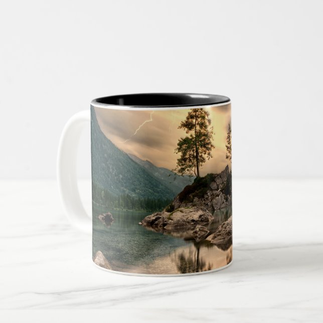 Nature Travels - Water Mountains Landscape Two-Tone Coffee Mug (Front Left)