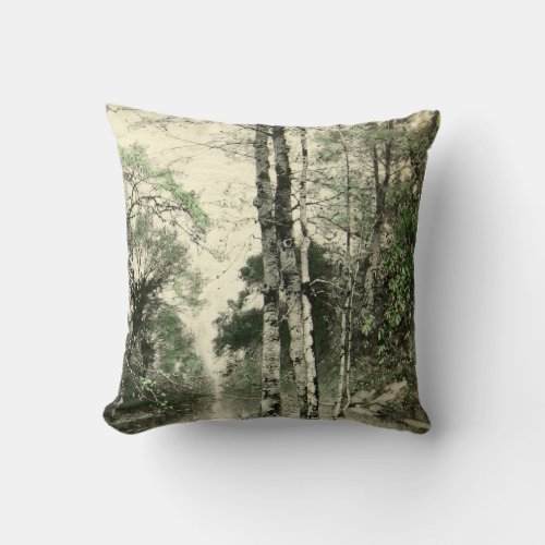 Nature Tree Branch Vintage Green Cream Leaves Throw Pillow