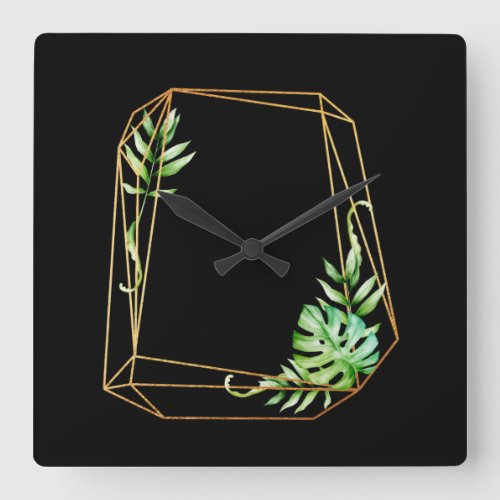 Nature Tropical Black Gold Leaf Poligonal Mint Square Wall Clock