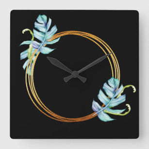 Nature Tropical Blue Gold Monstera Leaf Wreath Square Wall Clock