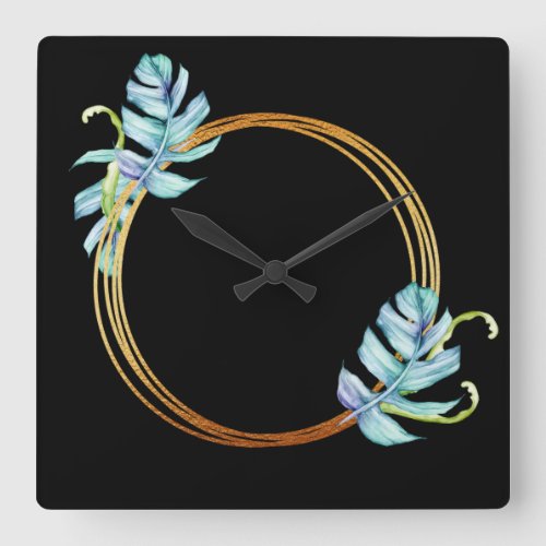 Nature Tropical Blue Gold Monstera Leaf Wreath Square Wall Clock