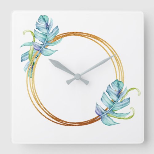 Nature Tropical Blue Gold White Circle Leaf Wreath Square Wall Clock