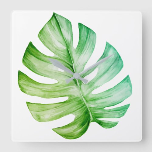 Nature Tropical Delicate White Monstera Leaf Square Wall Clock