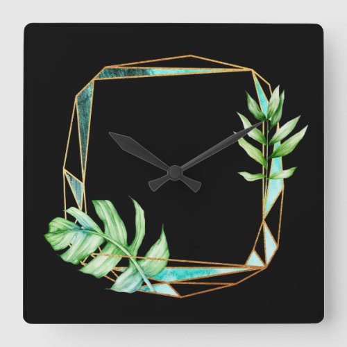 Nature Tropical Gold Leaf Poligonal Mint Geometry Square Wall Clock