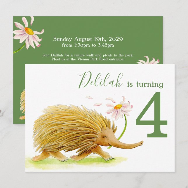 Nature walk picnics echidna 4th birthday invites (Front/Back)