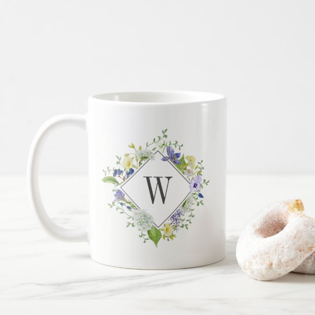 Nature Walk Wildflowers with Custom Monogram Coffee Mug (With Donut)