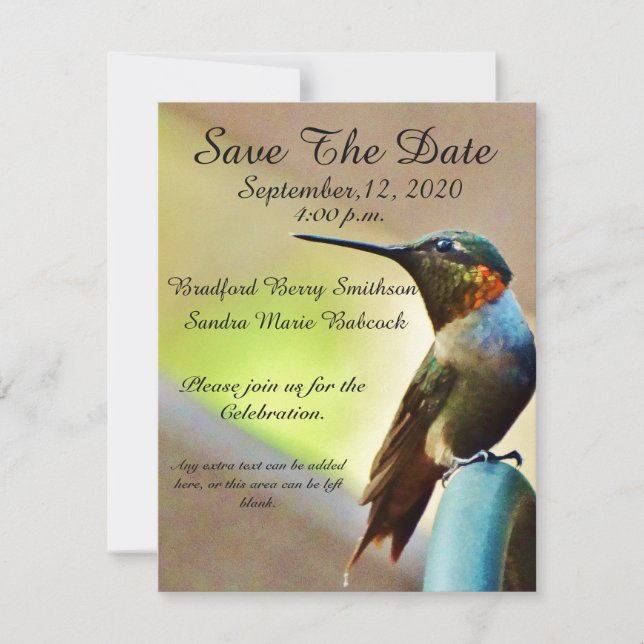 Nature Wedding Hummingbird Save the Date invite (Front)