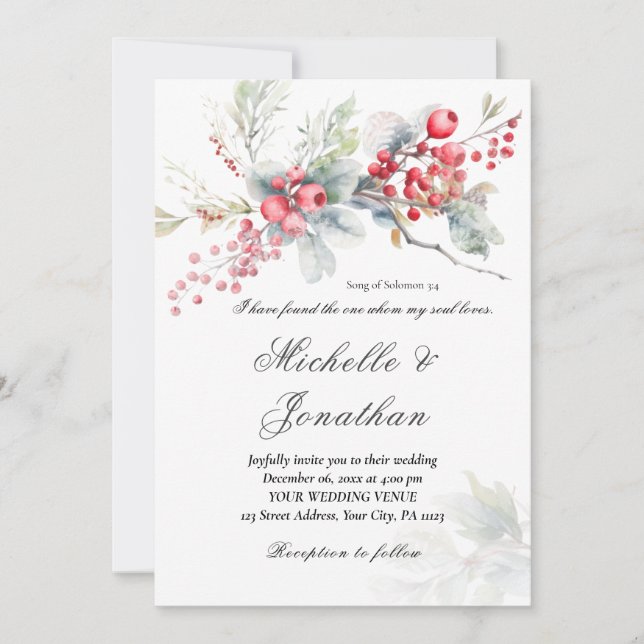 Nature Winter Christmas Floral Christian Wedding Invitation (Front)