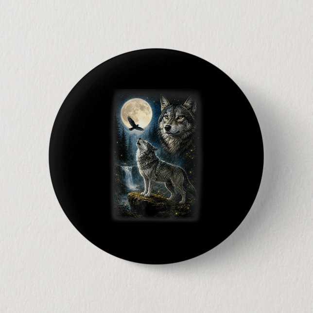 Nature wolf forest trees wolves wild animal moon button (Front)