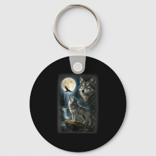 Nature wolf forest trees wolves wild animal moon keychain
