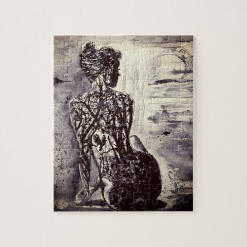 Nature Woman Puzzle Black and White Painting