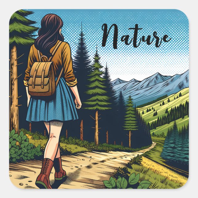 Nature | Women Hiking down a Trail Square Sticker (Front)