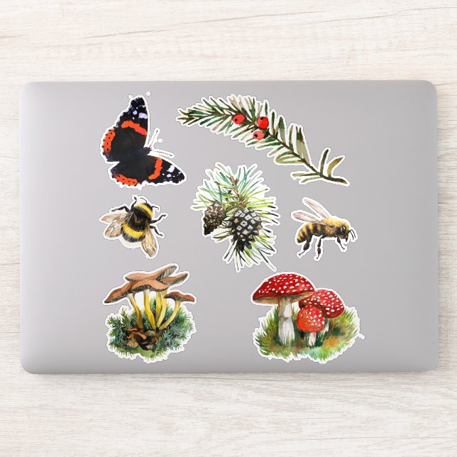 Nature woodland  mushrooms, bees, butterfly sticker (Computer)
