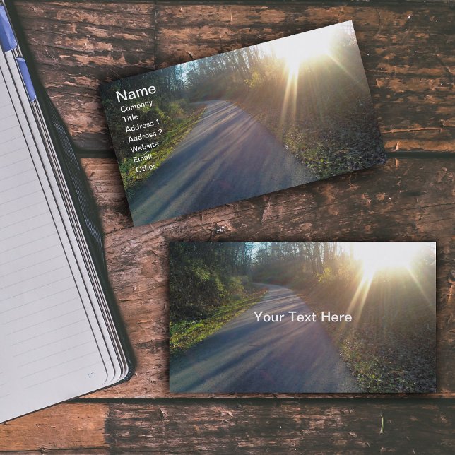 Nature Woods Path Sun Rays Grass Business Card (Photo of sunlit path thru woods with trees on business cards.)