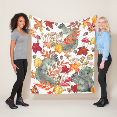 Nature Yellow Leaves Squirrel Mushroom Fall Acorn Fleece Blanket