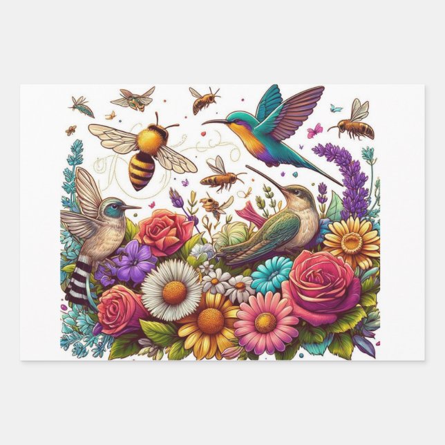 Nature's Ballet Hummingbirds Bees Amidst Flowers Wrapping Paper Sheets (Front)