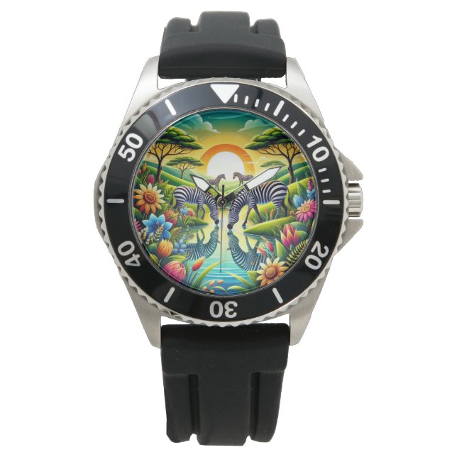 Nature's Beauty with Zebras Drinking by a River Watch (Front)