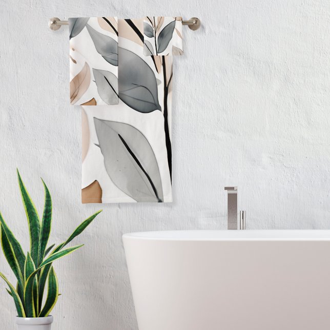 Nature's Botanicals Bath Towel Set (Nature's Botanicals is a pretty towel set featuring shades of gray and beige on a white background.)