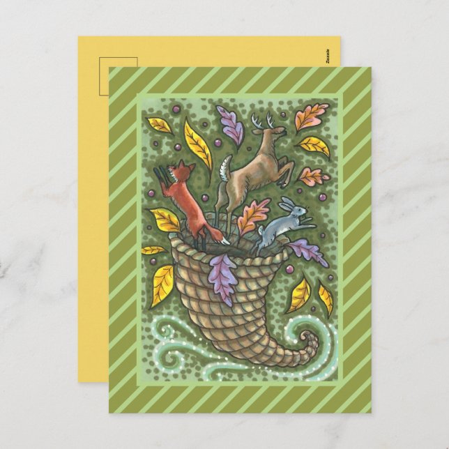 NATURE'S BOUNTY WILDLIFE CORNUCOPIA, FOLK ART HOLIDAY POSTCARD (Front/Back)