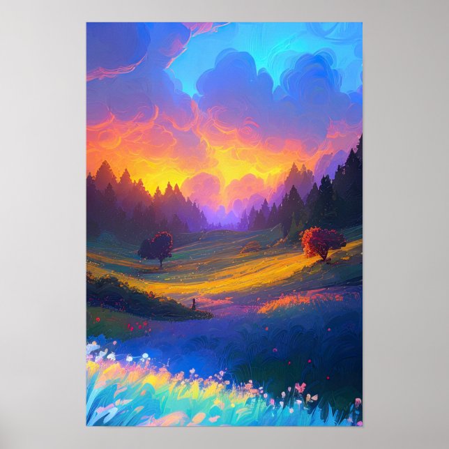 Nature's Canvas, Sunset Glow over Valley Poster (Front)