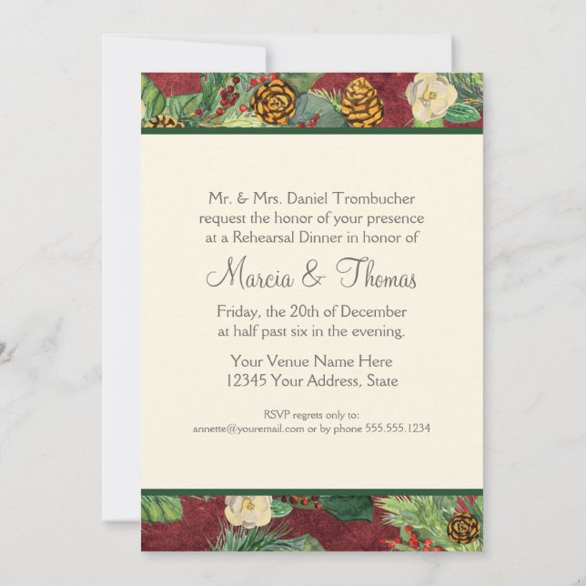 Nature's Christmas Winter Holiday Magnolia n Pine Invitation (Back)