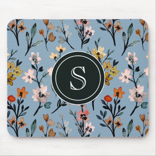 Natures Elegance Soft Blue Boho Floral Monogram Mouse Pad