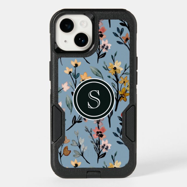 Nature's Elegance: Soft Blue Boho Floral Monogram Otterbox iPhone Case (Back)