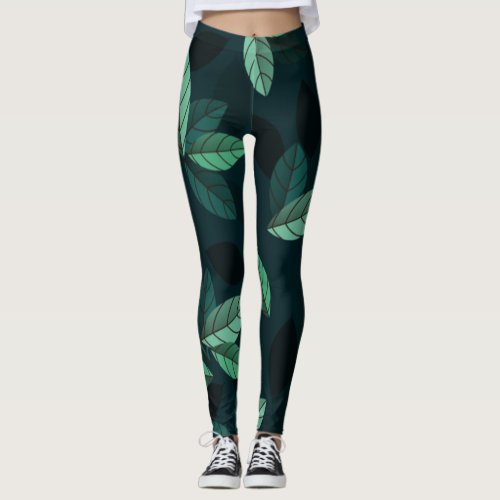 Natures Embrace Leaf Pattern Green Black Leggings