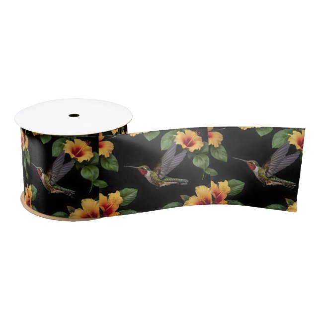 "Nature's Harmony: A Hummingbird Hibiscus Blooms Satin Ribbon (Spool)