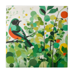 Nature's Harmony, Abstract Bird on Tree Branch Ceramic Tile