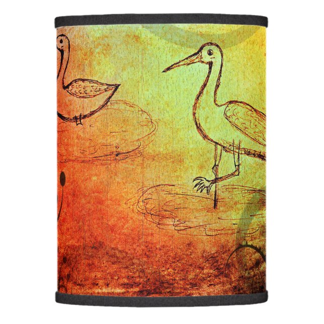 Nature's Illumination: Rain-Brushed Duck & Crane Lamp Shade (Front)