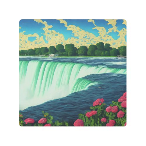 Natures Paradise Flowers and Waterfall Metal Print
