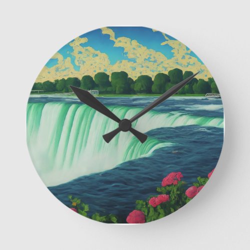 Natures Paradise Flowers and Waterfall Round Clock