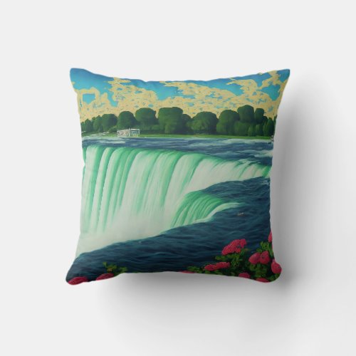 Natures Paradise Flowers and Waterfall Throw Pillow