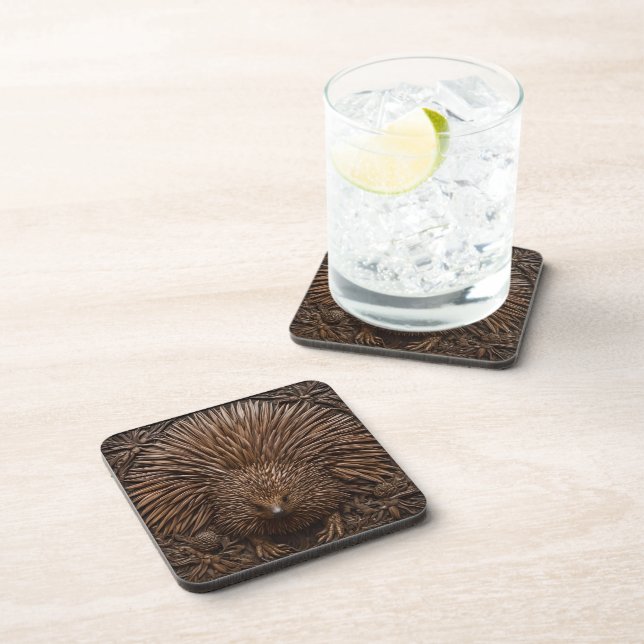 Nature's Quill: The Australian Echidna in Wood, Beverage Coaster (Right Side)