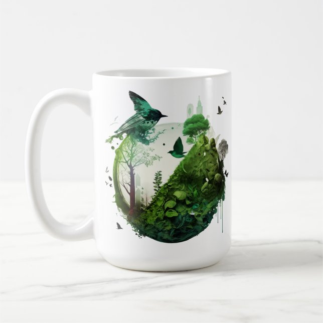 Nature's Symphony Vibrant Green Landscape wth Bird Coffee Mug (Left)