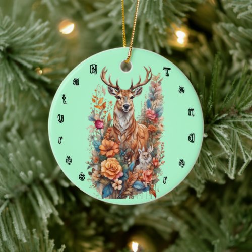 Natures Tender Deer and Fawn Bouquet Ceramic Ornament