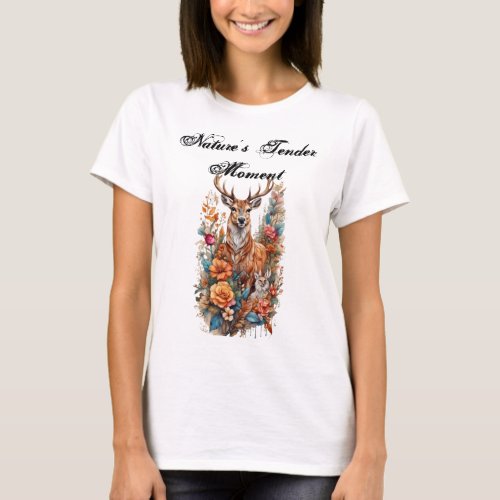 Natures Tender Moment Mother and Fawn in Bloom T_Shirt