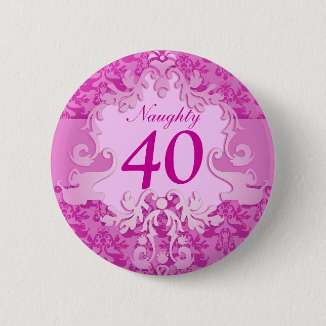 "Naughty 40" age damask elephant button/badge Pinback Button (Front)