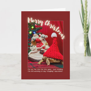Naughty and Cute Christmas Baby Turtle with Santa Card