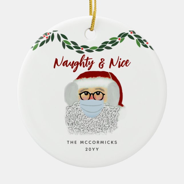 Naughty And Nice Funny Santa Family Christmas Ceramic Ornament (Front)