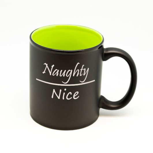 Naughty and Nice Matte Black & Lime Green Mug (Front)