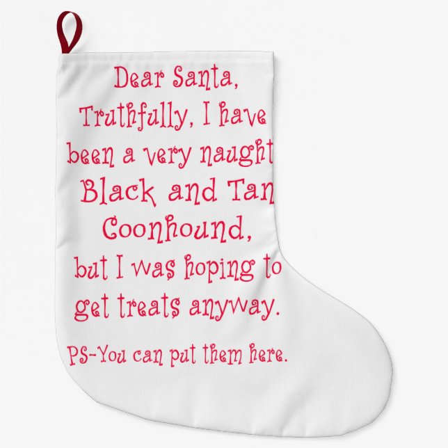 Naughty Black and Tan Coonhound Large Christmas Stocking (Front)