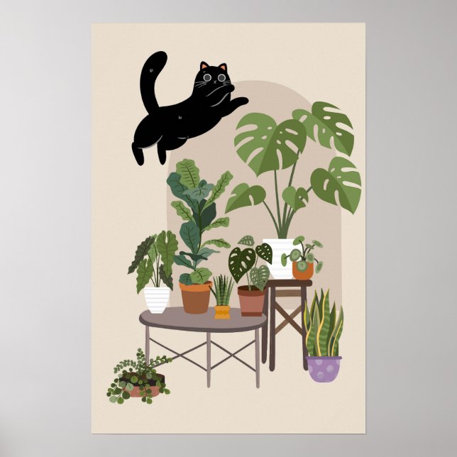 Naughty Black Cat & Monstera Jungle Poster (Front)